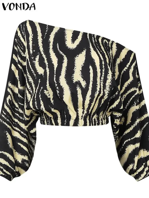 Plus Size VONDA Bohemian Pant Sets Autumn Zebra-stripe Printed 2PCS Long Sleeve Skew Collar Top and High Waist Pants Casual Sets - Image 4