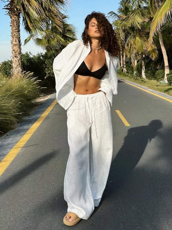 Women's Casual Solid Cotton Linen Pant Sets Chic Laple Single Breasted Long Sleeve Shirt Elasticity Waist Pant New Two Piece Set - Image 2