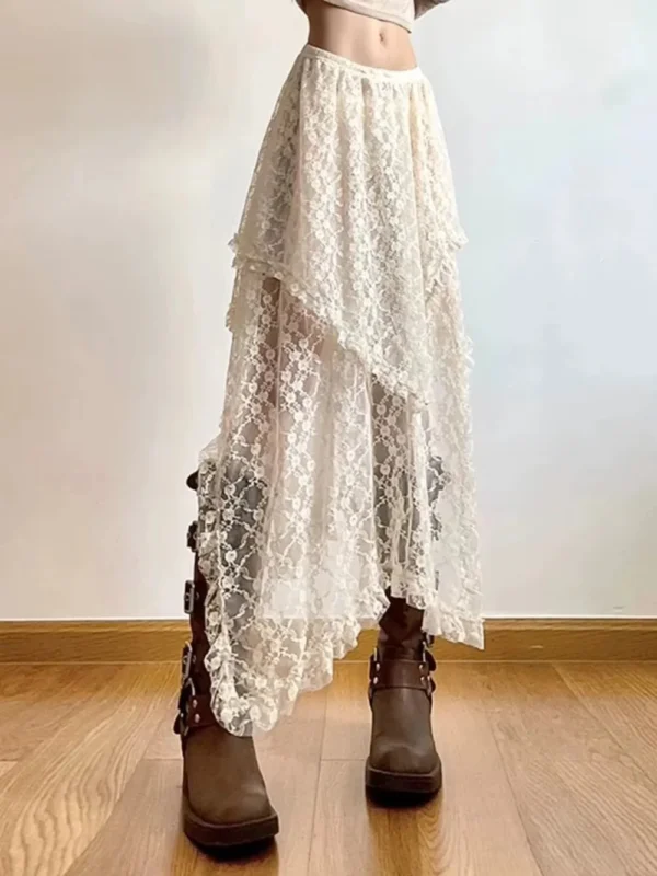 Sexy Lace Irregular Asymmetrical Skirt Fairycore Women Vintage Y2K Boho Aesthetic High Waist Mid Skirts Lady Holiday Outfits - Image 4