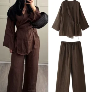 RAFZNB Wide Leg Pants Sets 2 Pieces Women Fashion Lace Up Kimono Tops Women's Suit Two Piece Set Spring Women Outfit