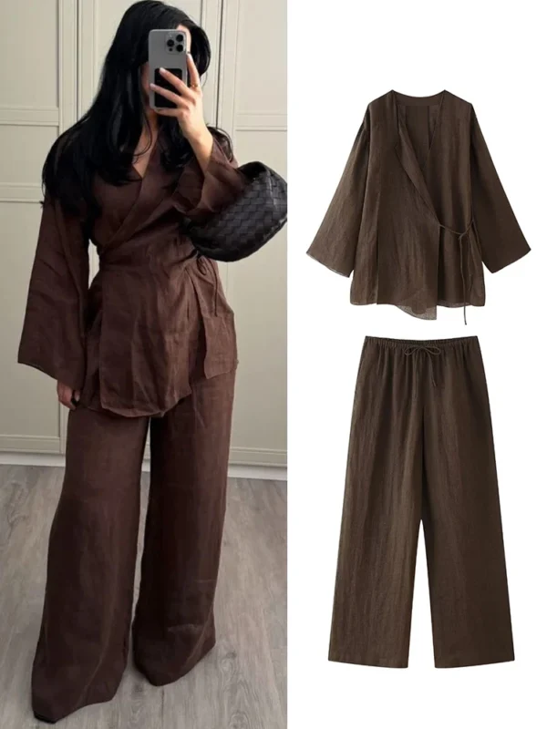 RAFZNB Wide Leg Pants Sets 2 Pieces Women Fashion Lace Up Kimono Tops Women's Suit Two Piece Set Spring Women Outfit