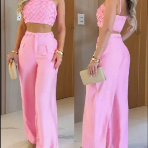 Summer Women's Fashion 2-Piece Woven Texture Thin Shoulder Strap Sling Crop Top and High Waisted Casual Wide Leg Pants Set