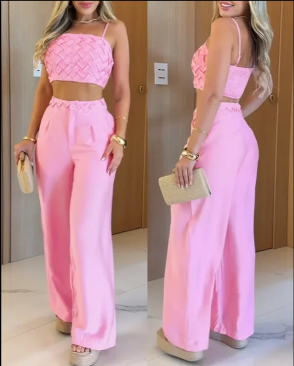 Summer Women's Fashion 2-Piece Woven Texture Thin Shoulder Strap Sling Crop Top and High Waisted Casual Wide Leg Pants Set