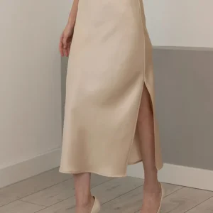 Streamgirl Office Black Midi Skirts For Women High Waist Elegant Silk Skirt Ladies Solid Women Satin Skirt With Slit On The Side
