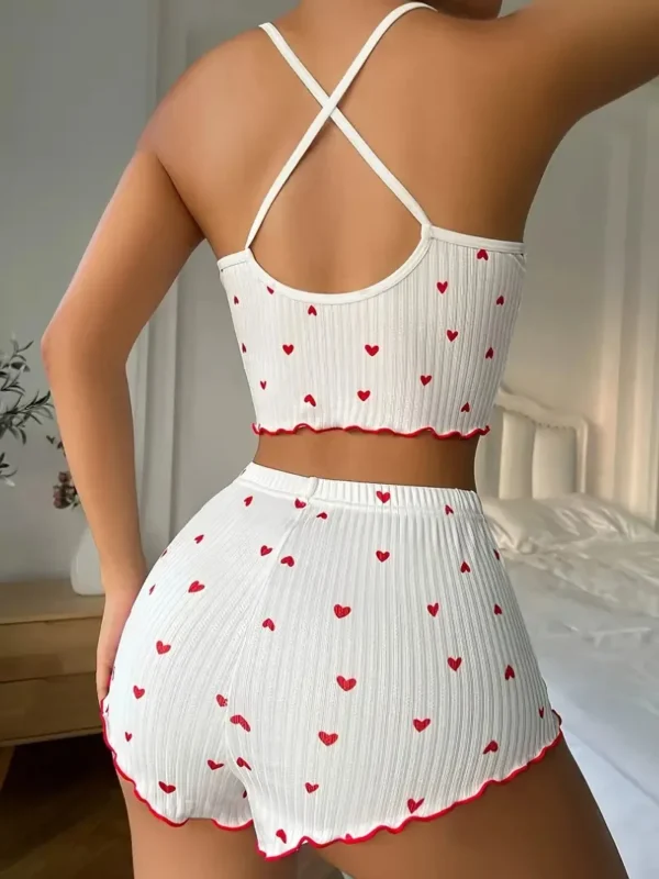 Sleepwear Women Pajamas Set Heart Print Soft Ribbed Fabric with Flirty Frill Trim Casual Cami Top and Shorts Sets Loungewear - Image 2
