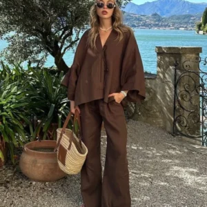 Casual Women Solid Cotton Linen Loose Shirt Pants Set Fashion Single Breasted Blouses Wide Leg Pants Suits Summer Lady Outfits