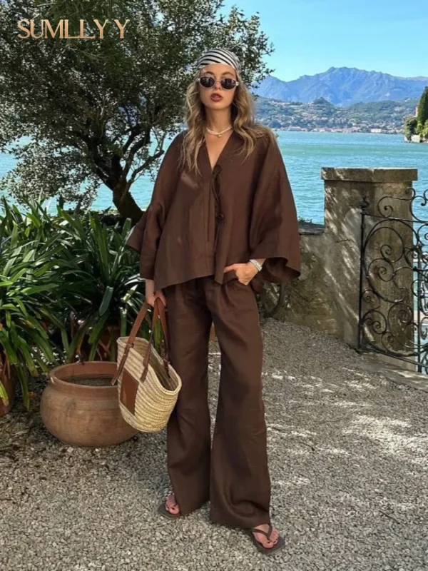 Casual Women Solid Cotton Linen Loose Shirt Pants Set Fashion Single Breasted Blouses Wide Leg Pants Suits Summer Lady Outfits