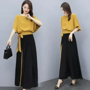 Elegant Stylish Women's Bell Bottom Suit 2024 Summer New Arrival Age-reducing Fashionable 2-piece Set Yellow Blue