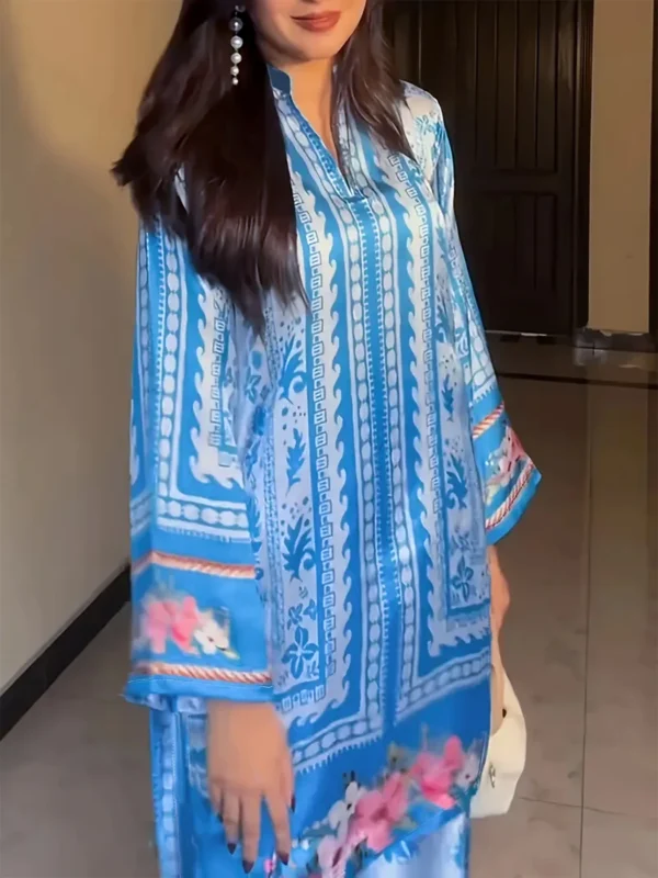 Plus size women's casual fashion ethnic style mid-length printed top and wide-leg pants suit two-piece set - Image 4