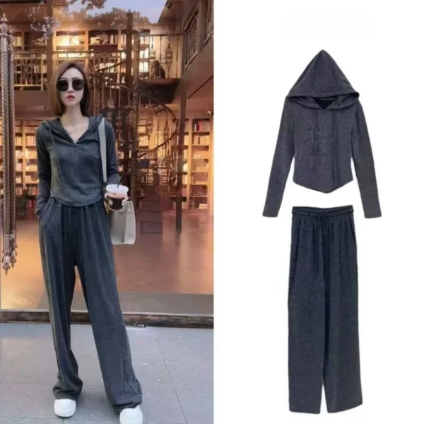 Casual Sporty Two-Piece Set Hoodie Jacket Women's Spring Autumn Wide Leg Pants Long Pants Fashionable Ensemble Polyester Fiber - Image 3
