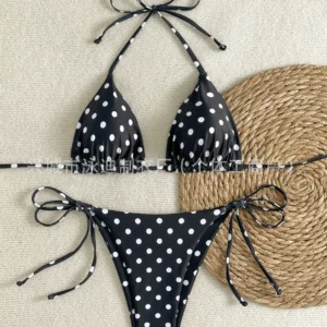 Ladies' Swimwear Set Spring Summer Black White Polka Dot Print Triangle Bagty Bikini  Beach Vacation Strap Design