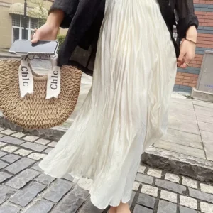 Streamgirl Women Summer Skirts Long Pleated A Line Elegant Solid Big Swing Maxi Skirt Ladies Blue White Beach Skirt Women Luxury