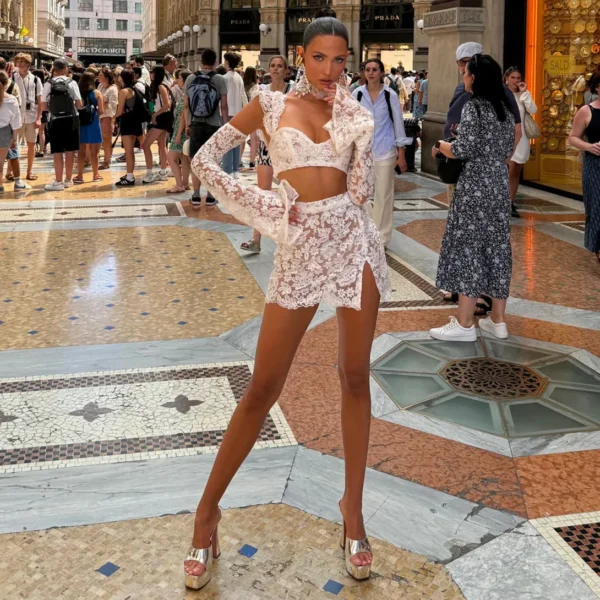 Sexy Lace Hollow Out Skirt Sets Women Crop Flare Sleeve Tops See Through Hip Package Mini Skirts 2025 Summer Lady Party Outfits - Image 3