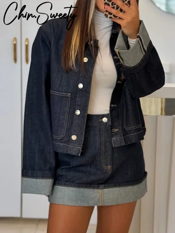 Denim Skirt Women Set Casual Long Sleeve Lapel Pocket Button Jacket Pleated Min Skirts 2025 Autumn New Lady Suit - Image 2