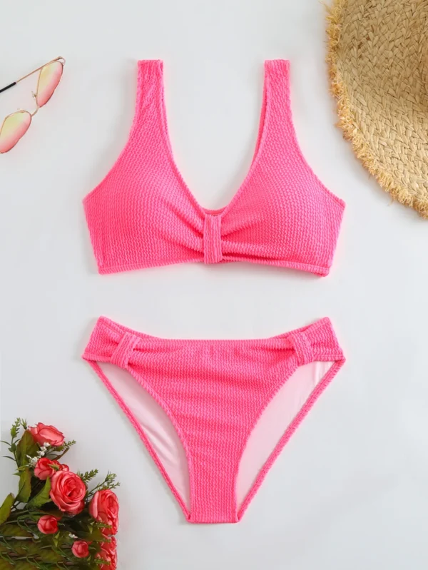 2025 Summer New Women's 2 Piece Swimsuit Solid Color High Waist Bikini Set V-neck Backless Beach Vacation Bathing Suit Swimwear - Image 3