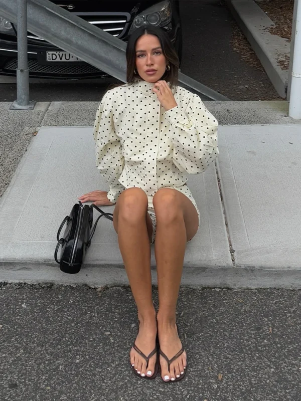 Polka Dots Print Jacket Shorts Set Women's Casual Full Sleeve Zipper Stand Collar Coat Slim Short Pants 2025 Autumn New Outfit - Image 3