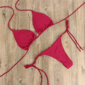 Solid Color Hanging Neck Style Lace-Up Bikini Women's Adjustable Triangle Beach Swimsuit No Steel Bracket No Chest Pad