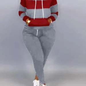 LW Plus Size Striped Drawstring Tracksuit Set Autumn Women Hoodie Pants Set Striped Printed Hooded Long Sleeve Warm Sweatshirts