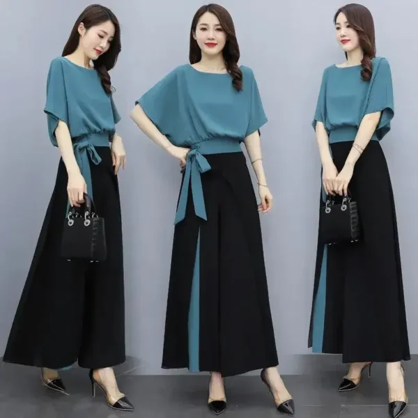 Elegant Stylish Women's Bell Bottom Suit 2024 Summer New Arrival Age-reducing Fashionable 2-piece Set Yellow Blue - Image 3