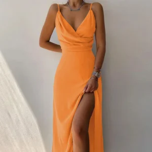 Summer Elegant Suspender Tight Women's Dress Fashionable And Sexy V-neck Striped Print Slit Drawstring High Waist Long Skirt