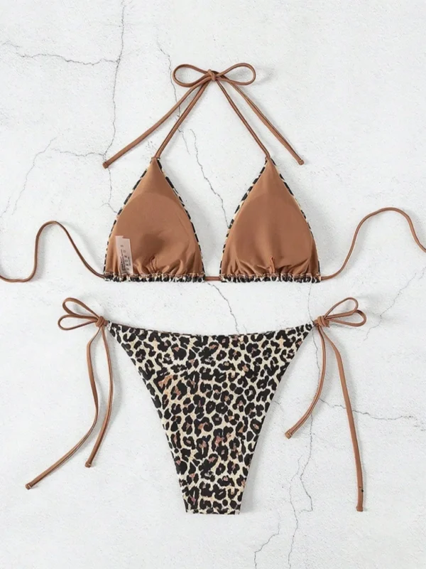 Leopard Print Two Piece Swimsuit Set Triangle Bra Suspender Halter Backless Bikini Set Beach Vacation Lace-up Swimwear 2025 - Image 2