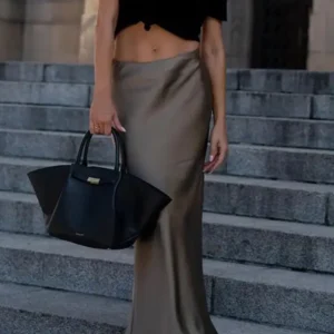 TRAFZA 2024 Y2K Casual Women Long Skirt Spring Elastic High Waisted A-Line Casual Female Satin Skirts High Street Lady Skirts