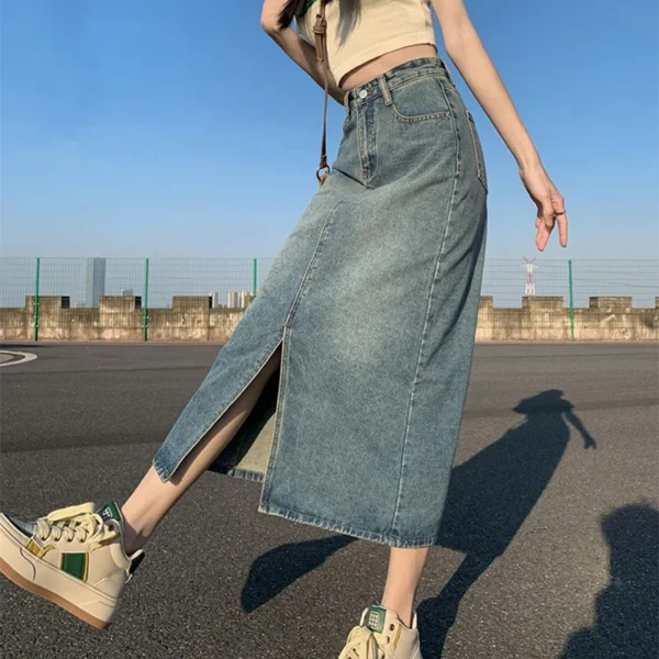 Summer New High-waist Slit Denim Skirt For Women Washed Retro A- line Skirt Hip-covering Straight Long Skirt - Image 3