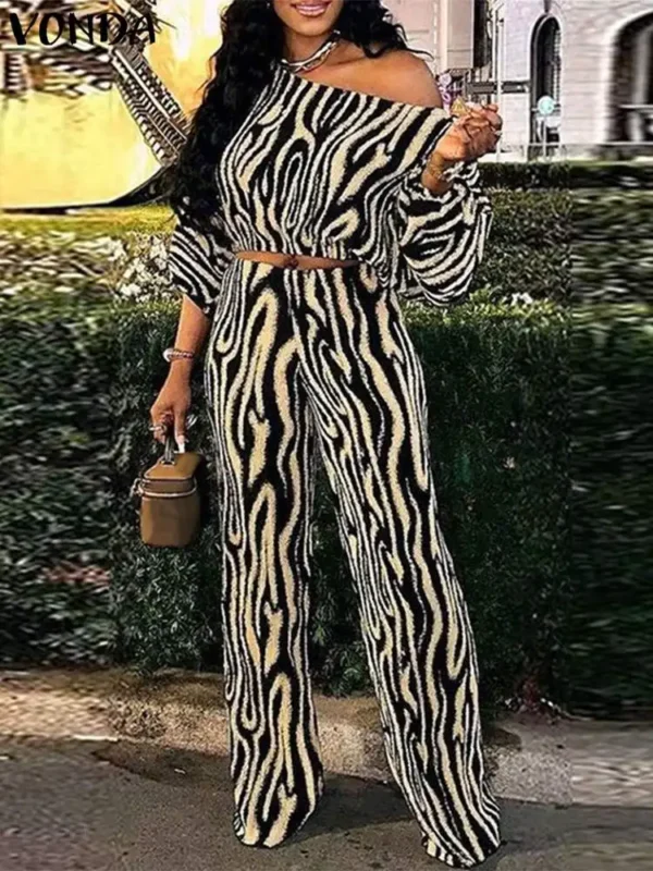 Plus Size VONDA Bohemian Pant Sets Autumn Zebra-stripe Printed 2PCS Long Sleeve Skew Collar Top and High Waist Pants Casual Sets - Image 2