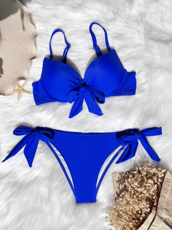 front bow knot push up bikinis two pieces solid swimsuit tie bikini swimsuit Swimwear Biquini conjunto de bikini tankini - Image 6