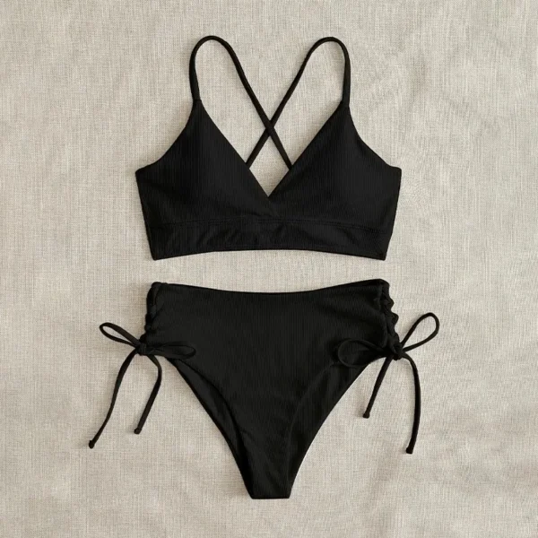 Solid Bikini Set Swimsuit Women V Neck Backless Lace Up High Cut Thong Split Bathing Suit 2025 New Beach Swimwear 2 Piece Sets - Image 3