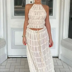 Fashion Halter Neck Long Skirt Suit Women Backless Sling Top Lace Up Fold Maxi Skirts 2024 New Summer Female 2 Piece Set Outfits