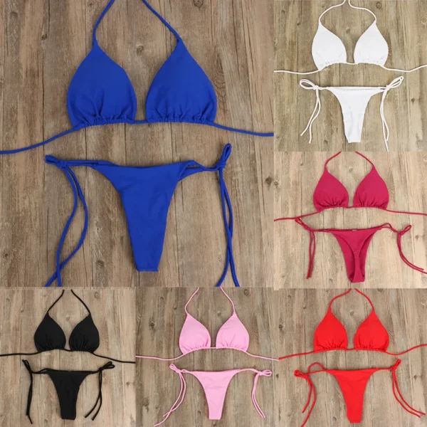Women Thong Bikini Set Side Lace-up Sexy Swimsuit Bandage Neck Tie Swimwear Adjustable Brazilian Style Bikini Underwear - Image 3