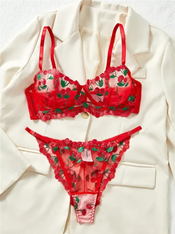 Sexy Lingerie Sets Ultra Thin Lace Transparent Underwear Romantic See Through Exotic Sets Embroidery Flowers Red Bra Brief Sets - Image 3