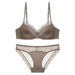 Women's Thin Smooth Satin Bra & Briefs Set Summer Solid Lace Decor Anti Sagging Lingerie Bra Sweet Underwear Suit Нижнее Белье