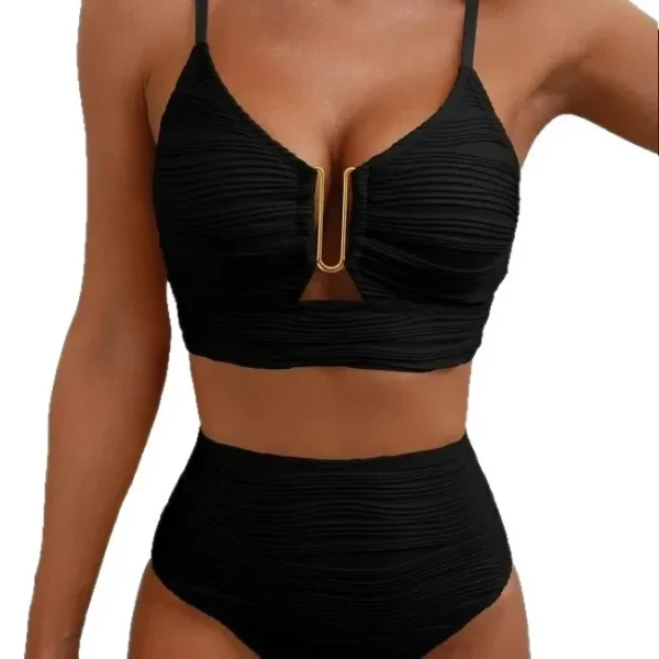 2025 New High Waist Bikini Swimsuit Pure Color Gather Slim Sexy Swimwear Cross-Border High Waist Sexy Swimsuit Women's Fashion - Image 5