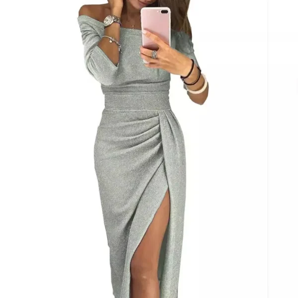 Women Summer Dress Bag Butt Slit Neckline Glitter Solid Color Off Shoulder Opaque Woman Dresses Vestidos TXGL017 - Image 3