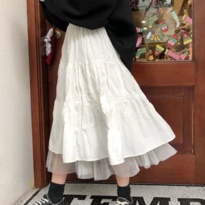 Long Tulle Midi Skirts Womens Autumn Elastic High Waist Mesh Tutu Pleated Skirts Female Black White Long Skirt Streetwear