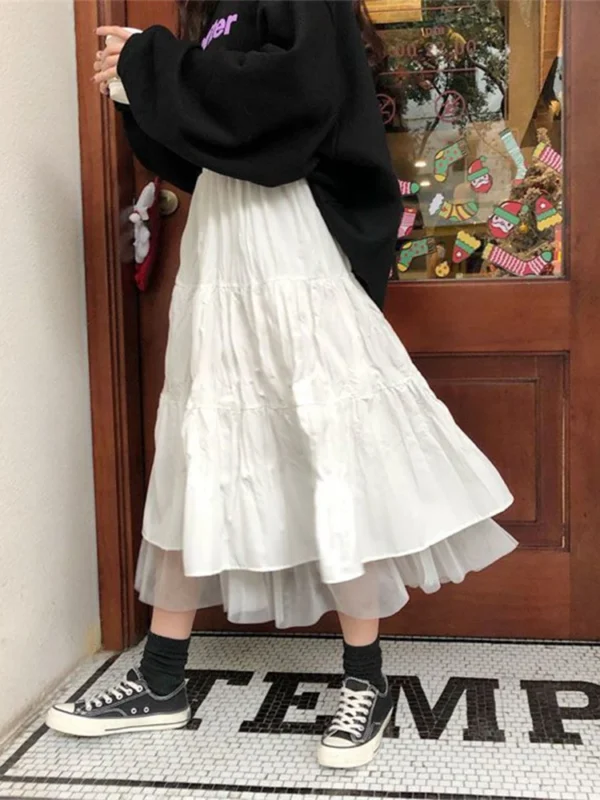 Long Tulle Midi Skirts Womens Autumn Elastic High Waist Mesh Tutu Pleated Skirts Female Black White Long Skirt Streetwear