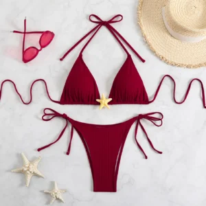 Yiiciovy New Women Push Up Swimwear 2 Piece Bikini Set Starfish Sexy Halter Bandage Beachwear Bathing Suits for Beach Pool