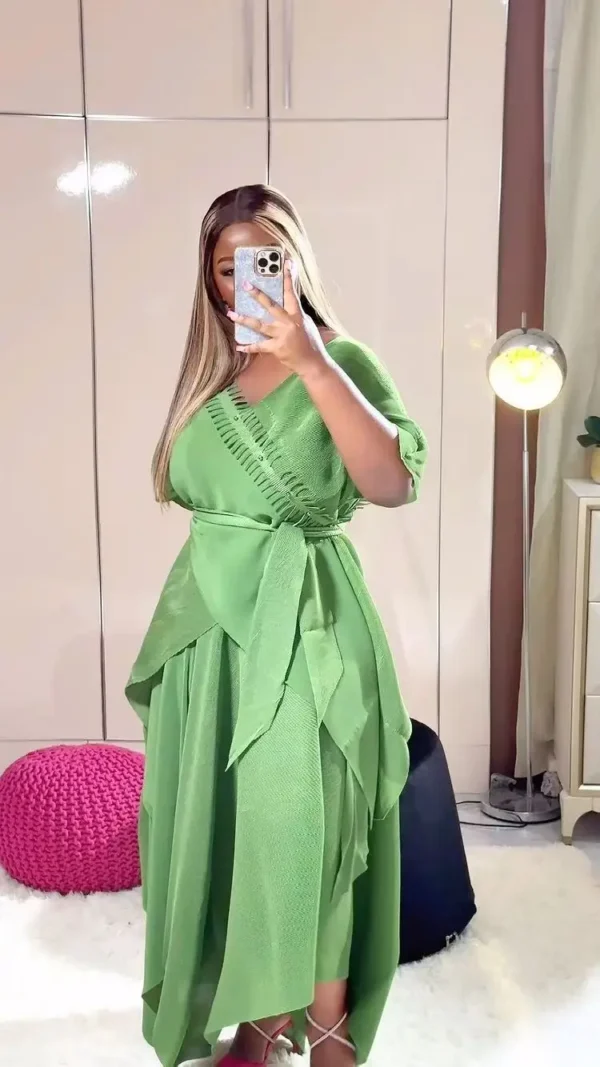 Plus Size Two-Piece Suit Miyake Pleated Pleated Pleated Suspender Asymmetrical Dress + Tassel Outer Shirt + Belt Slimming Look - Image 3