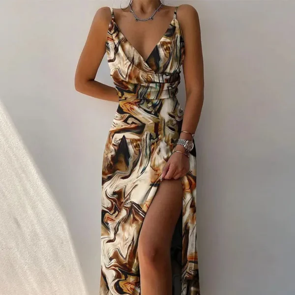 Summer Elegant Suspender Tight Women's Dress Fashionable And Sexy V-neck Striped Print Slit Drawstring High Waist Long Skirt - Image 4