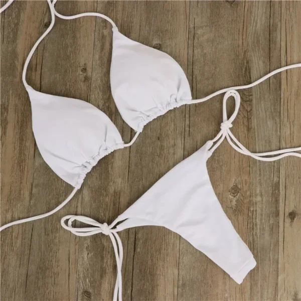 Solid Color Hanging Neck Style Lace-Up Bikini Women's Adjustable Triangle Beach Swimsuit No Steel Bracket No Chest Pad - Image 5
