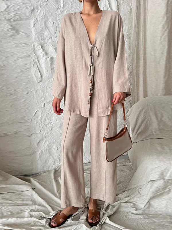 Casual Beading Lace Up Shirt Pants Set Women Loose V Neck String Long Sleeve Shirt Wide Leg Pant 2024 Autumn Chic Lady Outfit - Image 5