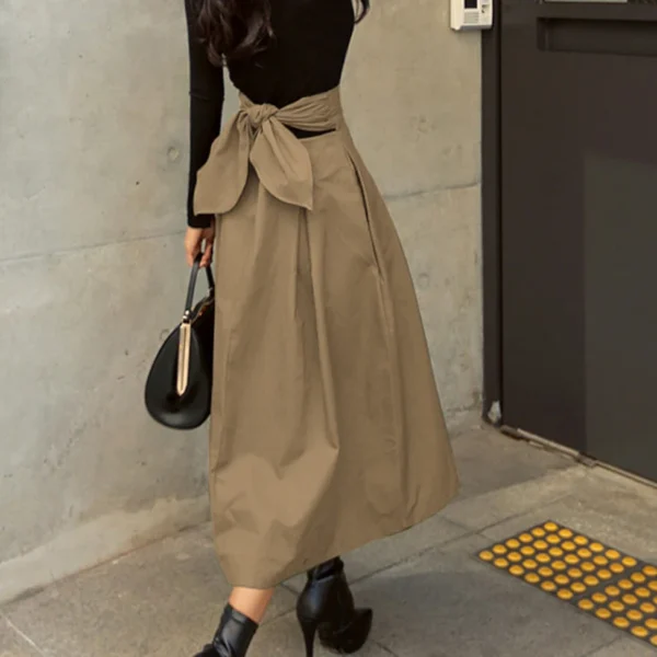 Skirts Womens Korean Fashion Solid Color Big Swing Ladies Skirt Long Skirt 2025 Autumn Wild High Waist Bow Slim Skirts - Image 5