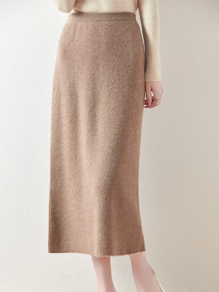 100% Merino Wool Knitted Half Skirt Autumn Winter Women's Elegant A-line Skirt High Waisted Mid Length Slimming Thick Warm Dress