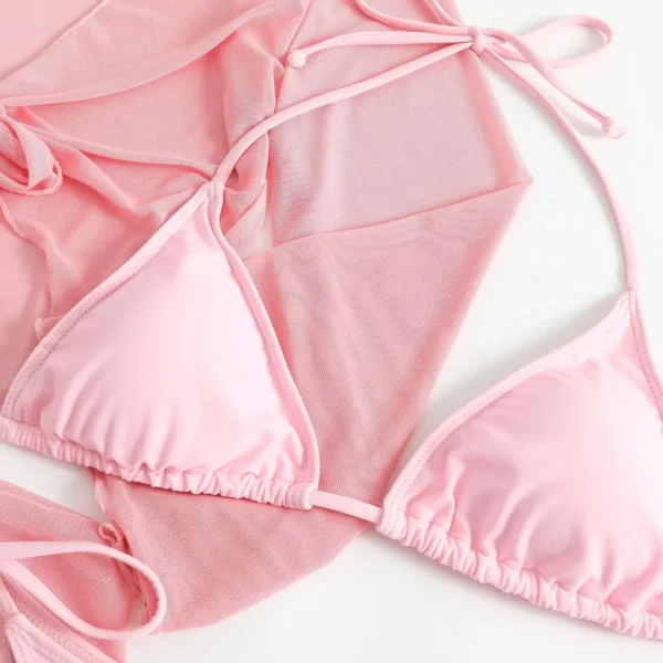 Women pink micro mini string bikini sets 4 pieces with mesh cover tops and skirt swimsuit bathing suit beach outfits biquini - Image 3