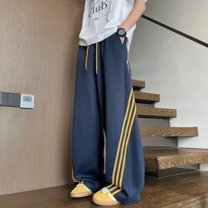 Style Vintage Wide-Leg Casual Pants Men Women's Color Blocking Striped Design Loose Fit Elastic Waist Draped Legging