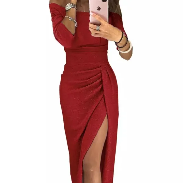Women Summer Dress Bag Butt Slit Neckline Glitter Solid Color Off Shoulder Opaque Woman Dresses Vestidos TXGL017 - Image 2