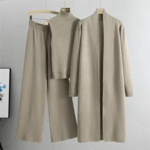 3 Pcs/Set Women Knitted Coat Vest Pants Set Knitted Fall Winter Stretchy Turtle Neck Sleeveless Top Mid Length Cardigan Coat