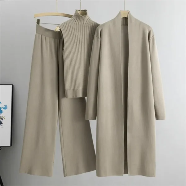 3 Pcs/Set Women Knitted Coat Vest Pants Set Knitted Fall Winter Stretchy Turtle Neck Sleeveless Top Mid Length Cardigan Coat